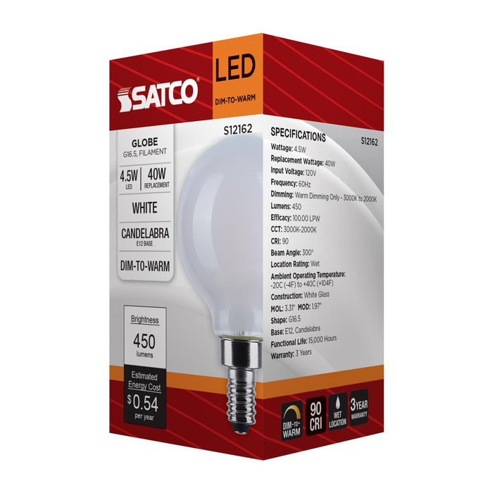 SATCO/NUVO 4.5W LED G16.5 3000K-2000K Warm Dimming Candelabra E12 Base 120V 90 CRI White Finish (S12162)