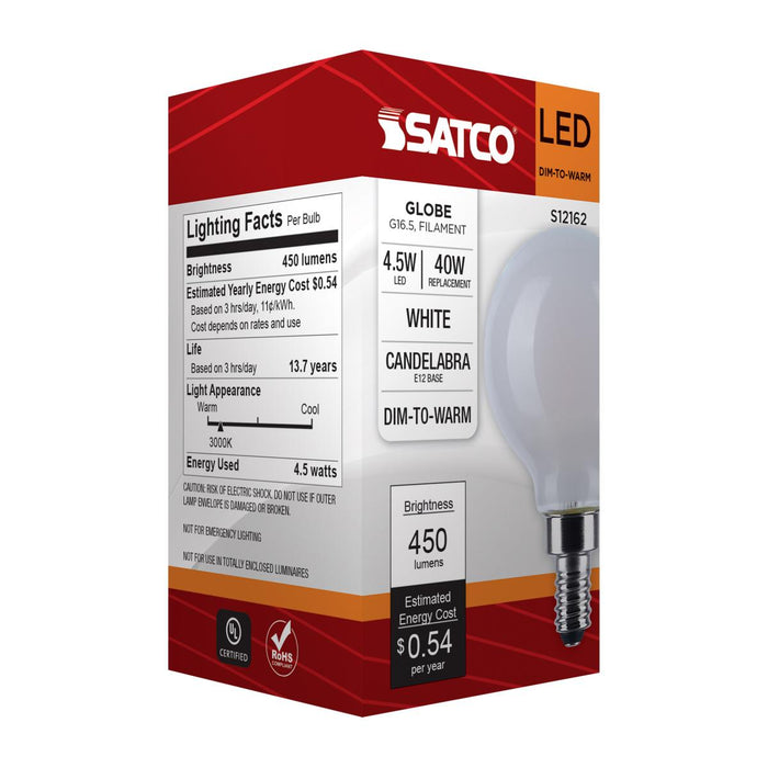 SATCO/NUVO 4.5W LED G16.5 3000K-2000K Warm Dimming Candelabra E12 Base 120V 90 CRI White Finish (S12162)
