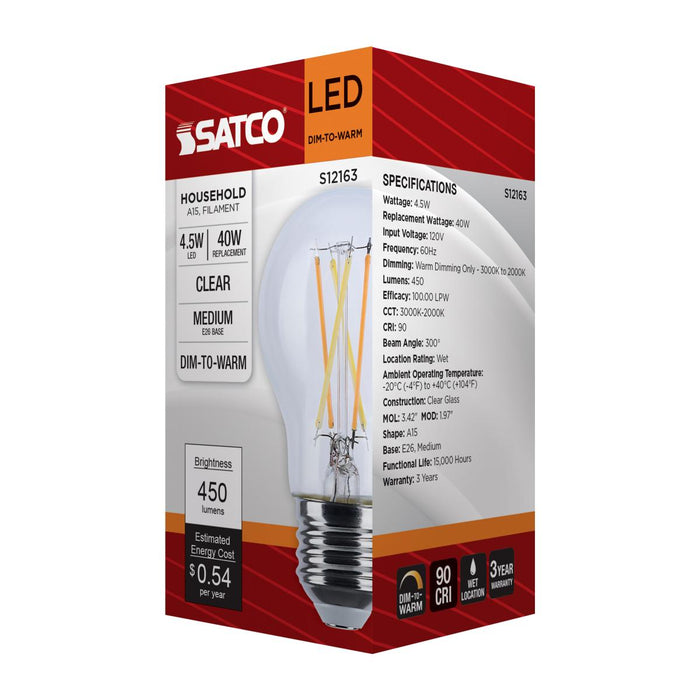 SATCO/NUVO 4.5W LED A15 3000K-2000K Warm Dimming Medium E26 Base 120V 90 CRI Clear Finish (S12163)