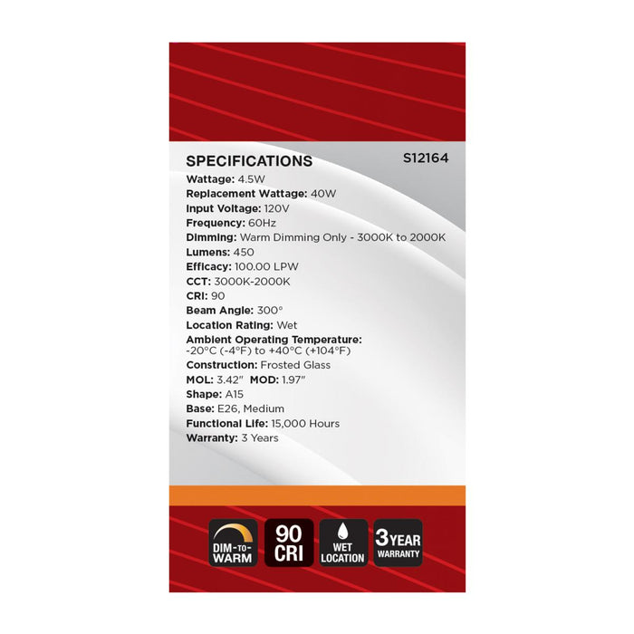 SATCO/NUVO 4.5W LED A15 3000K-2000K Warm Dimming Medium E26 Base 120V 90 CRI Frost Finish (S12164)