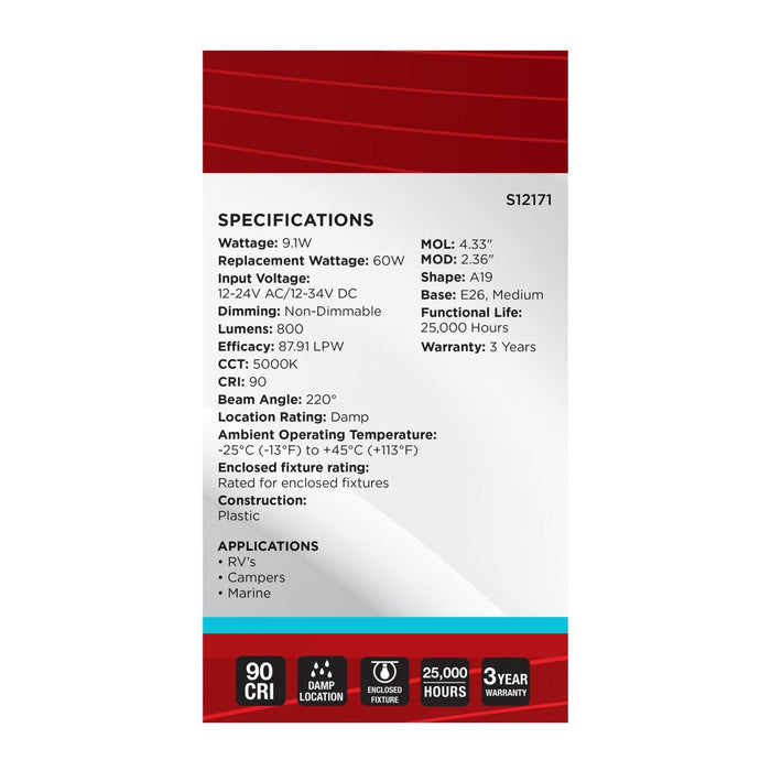SATCO/NUVO 9.1W A19 LED 5000K CCT Medium Base White Finish 12V-24Vac 12V-34Vdc (S12171)