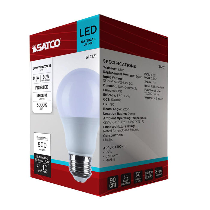 SATCO/NUVO 9.1W A19 LED 5000K CCT Medium Base White Finish 12V-24Vac 12V-34Vdc (S12171)