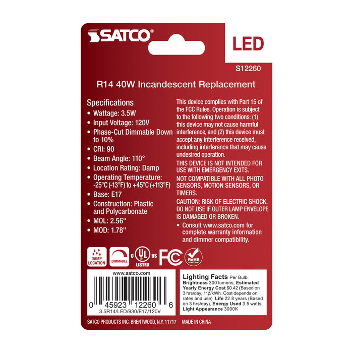 SATCO/NUVO 3.5W R14 LED Intermediate E17 Base 3000K Frost Finish 120V (S12260)