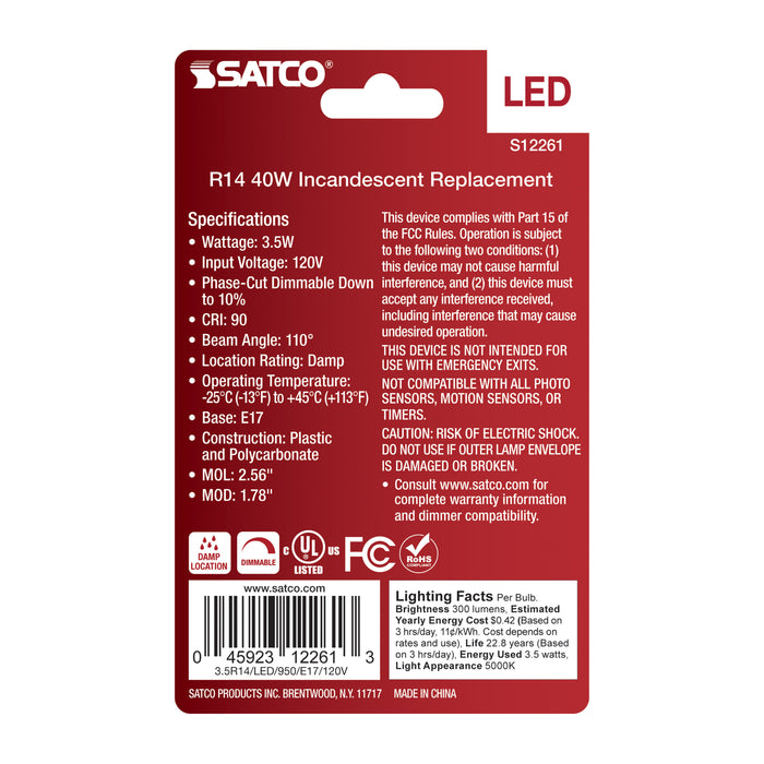 SATCO/NUVO 3.5W R14 LED Intermediate E17 Base 5000K Frost Finish 120V (S12261)