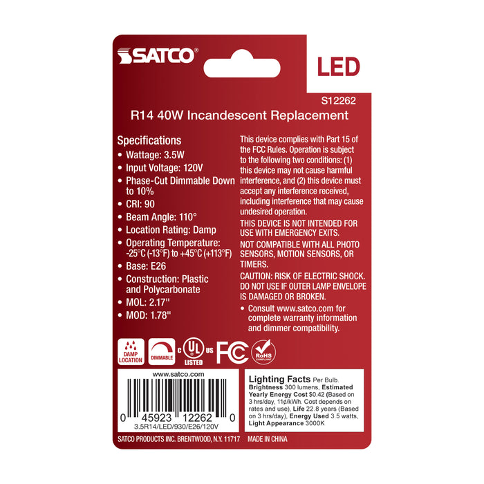 SATCO/NUVO 3.5W R14 LED Medium E26 Base 3000K Frost Finish 120V (S12262)