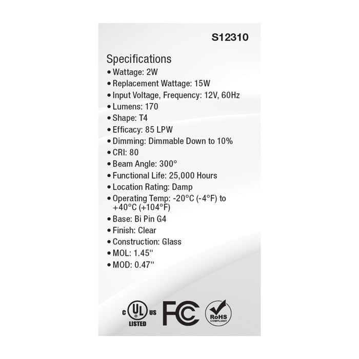 SATCO/NUVO 2W T4 LED Clear Finish Bi-Pin G4 Base 3000K 12V (S12310)