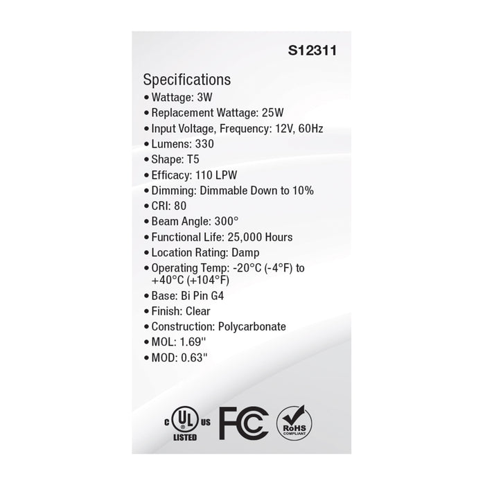 SATCO/NUVO 3W T5 LED Clear Finish Bi-Pin G4 Base 3000K 12V (S12311)