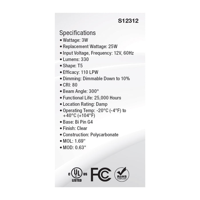 SATCO/NUVO 3W T5 LED Clear Finish Bi-Pin G4 Base 5000K 12V (S12312)