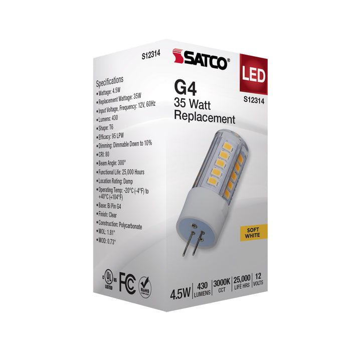 SATCO/NUVO 4.5W T6 LED Clear Finish Bi-Pin G4 Base 3000K 12V (S12314)
