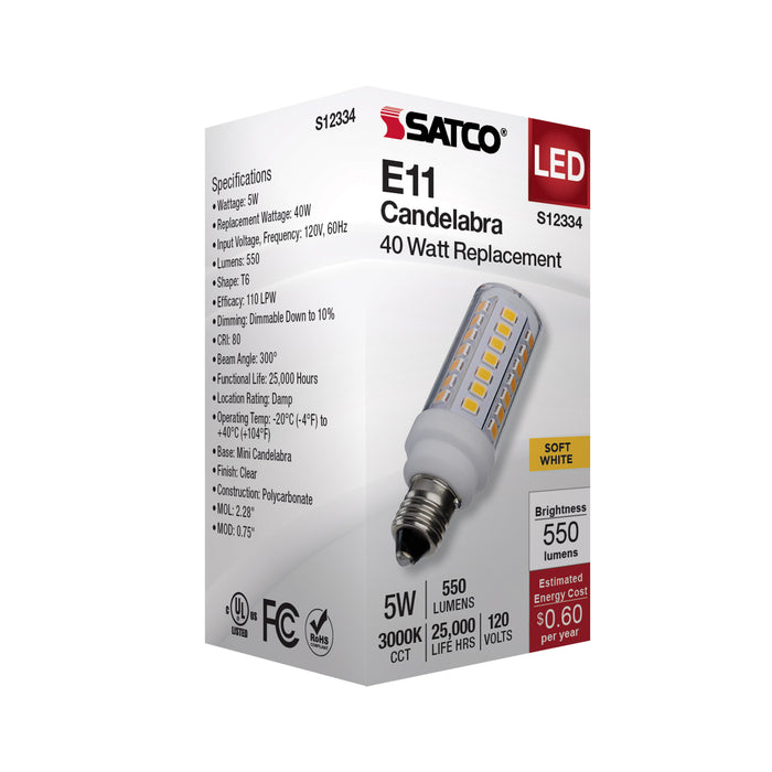 SATCO/NUVO 5W T6 LED Clear Finish E11 Base 3000K 120V (S12334)
