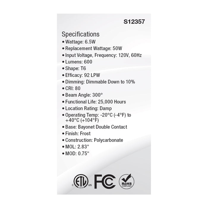 SATCO/NUVO 5W T6 LED Frost Finish E11 Base 3000K 120V (S12336)