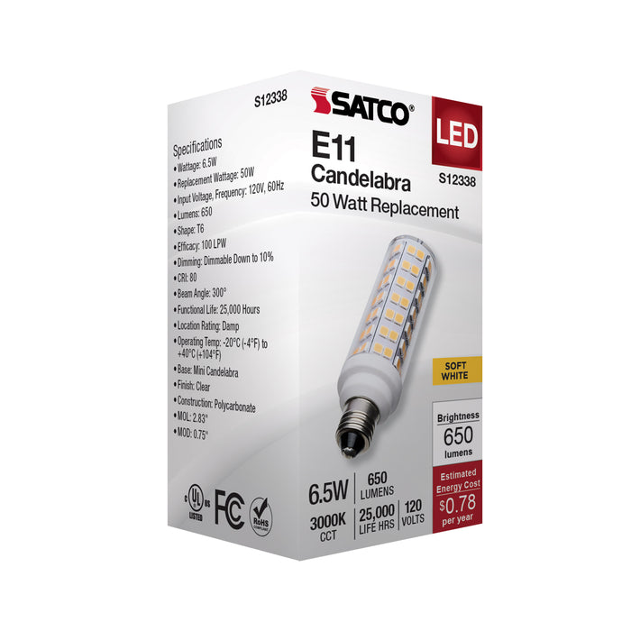 SATCO/NUVO 6.5W T6 LED Clear Finish E11 Base 3000K 120V (S12338)