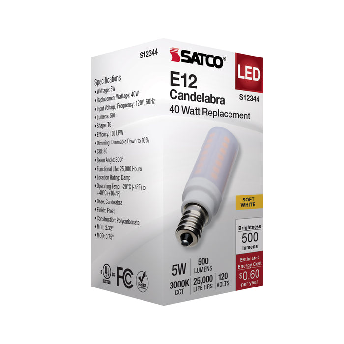 SATCO/NUVO 5W T6 LED Frost Finish E12 Base 3000K 120V (S12344)