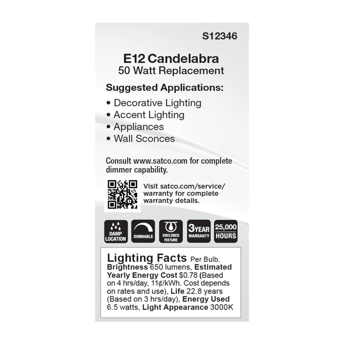 SATCO/NUVO 6.5W T6 LED Clear Finish E12 Base 3000K 120V (S12346)