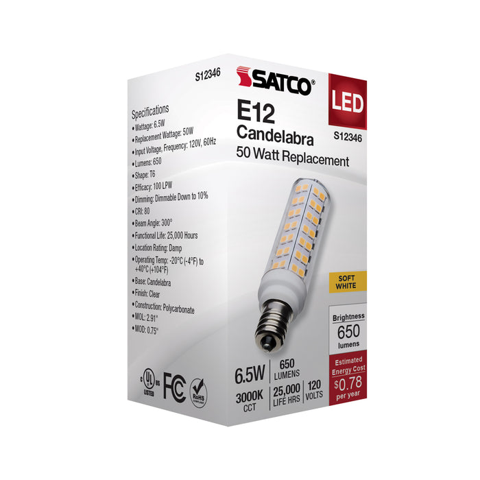 SATCO/NUVO 6.5W T6 LED Clear Finish E12 Base 3000K 120V (S12346)