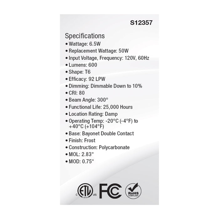 SATCO/NUVO 6.5W T6 LED Frost Finish DC Base 5000K 120V (S12357)