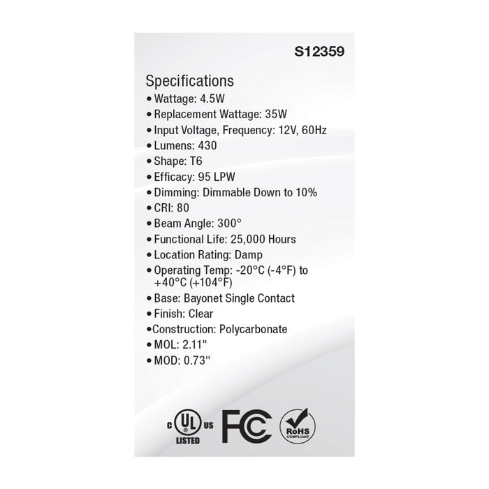 SATCO/NUVO 4.5W T6 LED Clear Finish BA15s Base 5000K 12V (S12359)