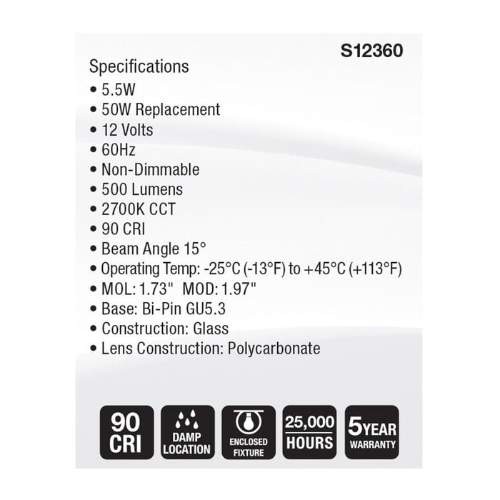 SATCO/NUVO 5.5W MR16 LED Spotlight 2700K GU5.3 Base 90 CRI 500Lm 12V (S12360)