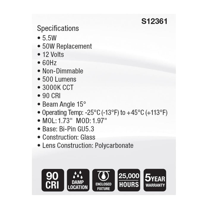 SATCO/NUVO 5.5W MR16 LED Spotlight 3000K GU5.3 Base 90 CRI 500Lm 12V (S12361)