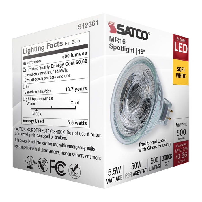 SATCO/NUVO 5.5W MR16 LED Spotlight 3000K GU5.3 Base 90 CRI 500Lm 12V (S12361)
