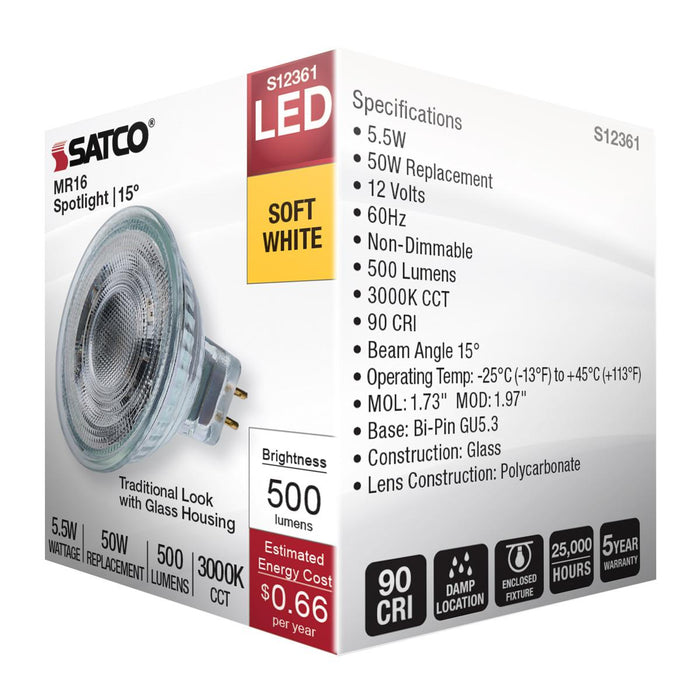 SATCO/NUVO 5.5W MR16 LED Spotlight 3000K GU5.3 Base 90 CRI 500Lm 12V (S12361)