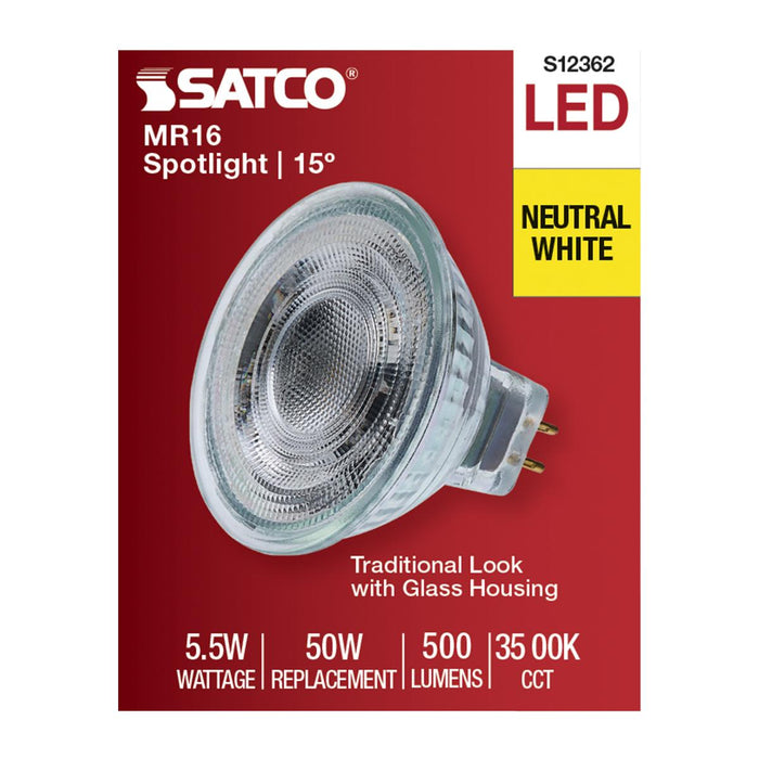 SATCO/NUVO 5.5W MR16 LED Spotlight 3500K GU5.3 Base 90 CRI 500Lm 12V (S12362)