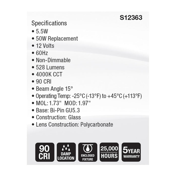 SATCO/NUVO 5.5W MR16 LED Spotlight 4000K GU5.3 Base 90 CRI 500Lm 12V (S12363)