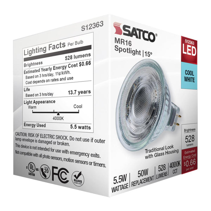 SATCO/NUVO 5.5W MR16 LED Spotlight 4000K GU5.3 Base 90 CRI 500Lm 12V (S12363)
