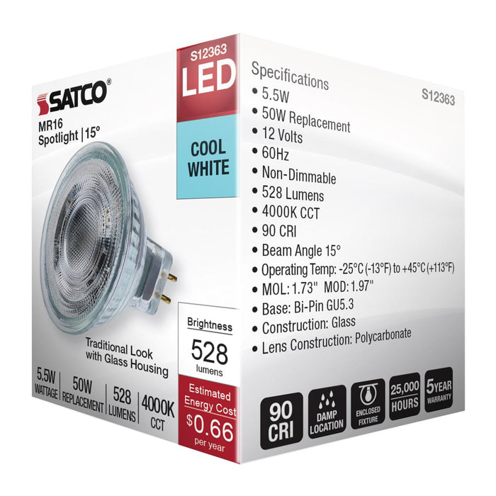 SATCO/NUVO 5.5W MR16 LED Spotlight 4000K GU5.3 Base 90 CRI 500Lm 12V (S12363)