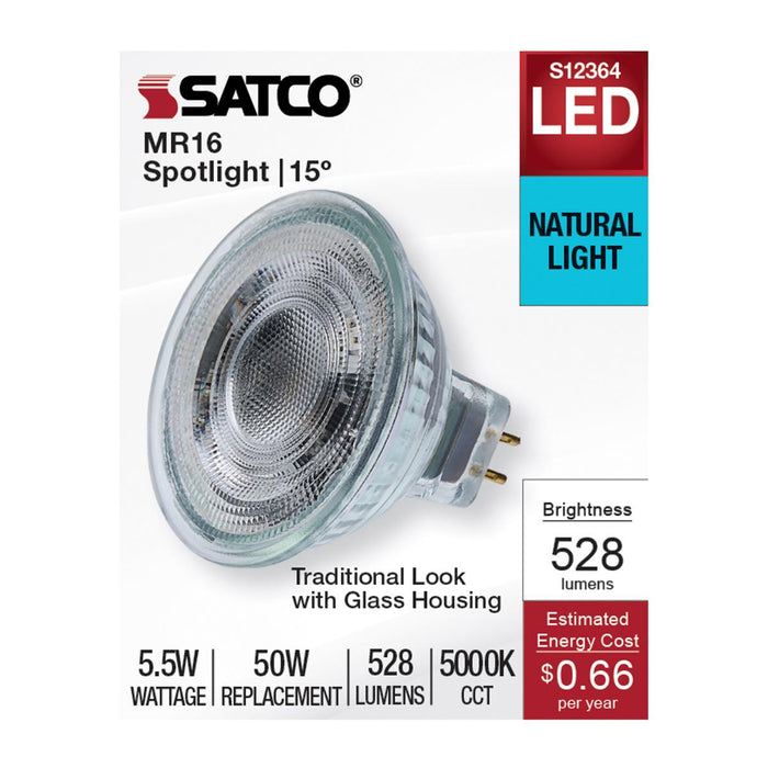 SATCO/NUVO 5.5W MR16 LED Spotlight 5000K GU5.3 Base 90 CRI 500Lm 12V (S12364)