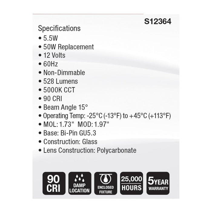 SATCO/NUVO 5.5W MR16 LED Spotlight 5000K GU5.3 Base 90 CRI 500Lm 12V (S12364)