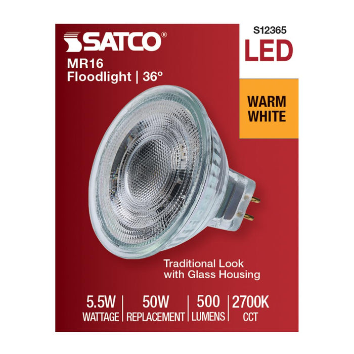 SATCO/NUVO 5.5W MR16 LED Floodlight 2700K GU5.3 Base 90 CRI 500Lm 12V (S12365)