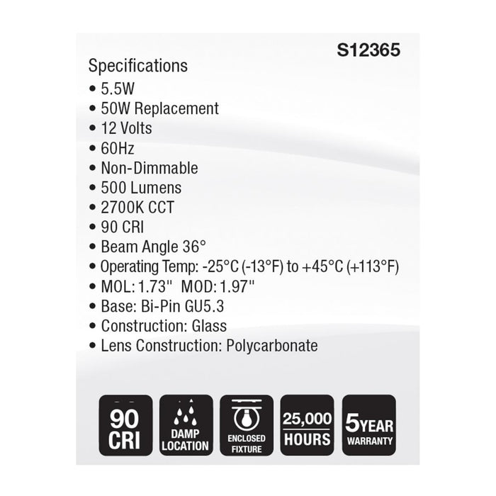 SATCO/NUVO 5.5W MR16 LED Floodlight 2700K GU5.3 Base 90 CRI 500Lm 12V (S12365)