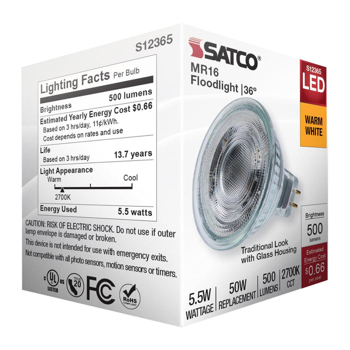 SATCO/NUVO 5.5W MR16 LED Floodlight 2700K GU5.3 Base 90 CRI 500Lm 12V (S12365)