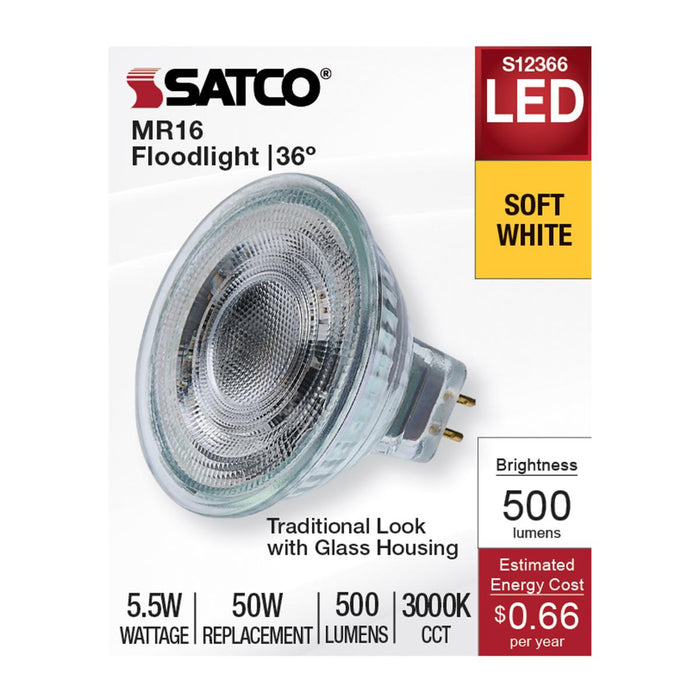 SATCO/NUVO 5.5W MR16 LED Floodlight 3000K GU5.3 Base 90 CRI 500Lm 12V (S12366)