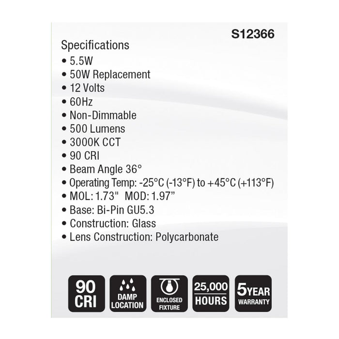 SATCO/NUVO 5.5W MR16 LED Floodlight 3000K GU5.3 Base 90 CRI 500Lm 12V (S12366)