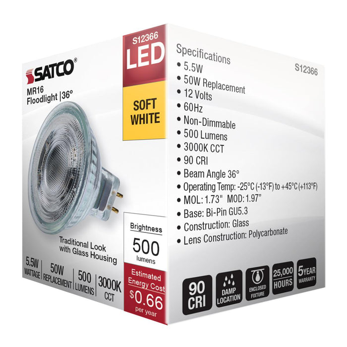 SATCO/NUVO 5.5W MR16 LED Floodlight 3000K GU5.3 Base 90 CRI 500Lm 12V (S12366)