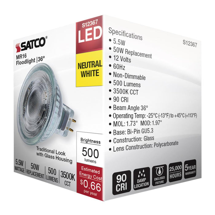 SATCO/NUVO 5.5W MR16 LED Floodlight 3500K GU5.3 Base 90 CRI 500Lm 12V (S12367)