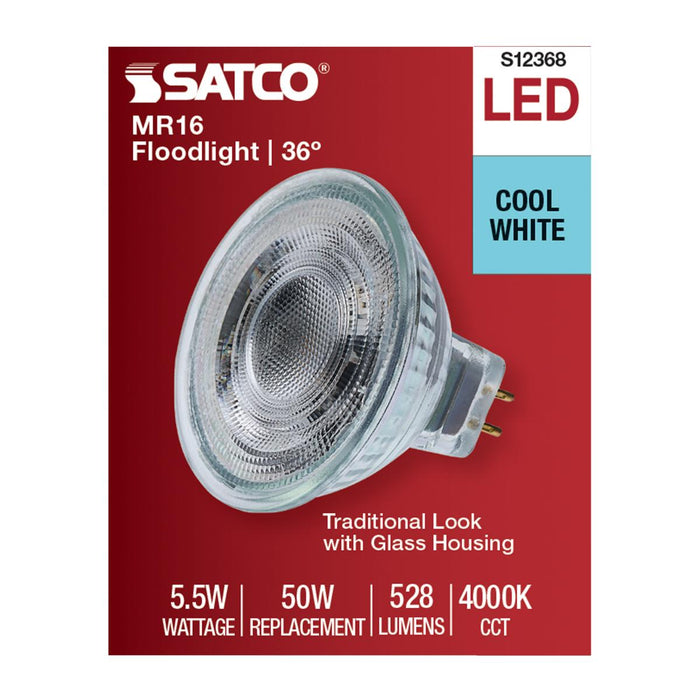 SATCO/NUVO 5.5W MR16 LED Floodlight 4000K GU5.3 Base 90 CRI 500Lm 12V (S12368)