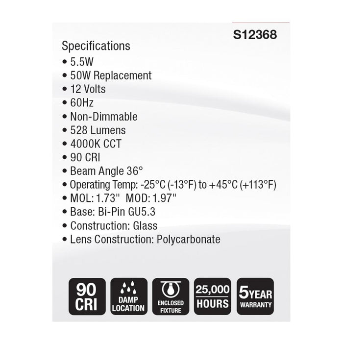 SATCO/NUVO 5.5W MR16 LED Floodlight 4000K GU5.3 Base 90 CRI 500Lm 12V (S12368)