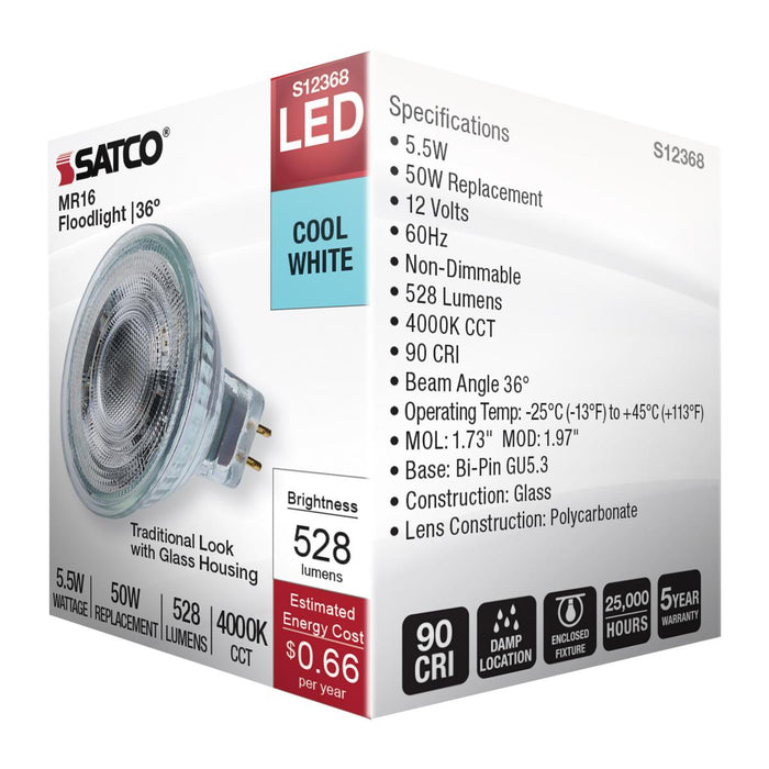 SATCO/NUVO 5.5W MR16 LED Floodlight 4000K GU5.3 Base 90 CRI 500Lm 12V (S12368)