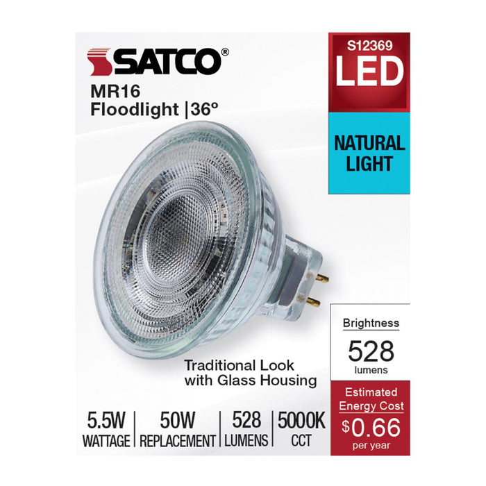 SATCO/NUVO 5.5W MR16 LED Floodlight 5000K GU5.3 Base 90 CRI 500Lm 12V (S12369)