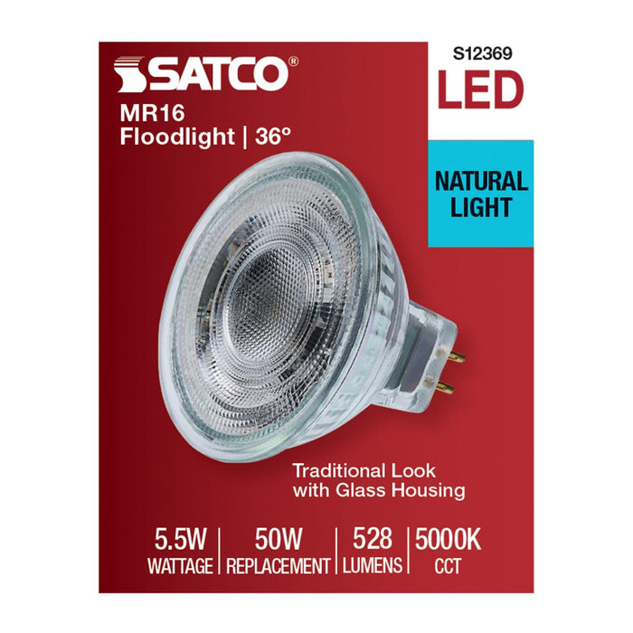 SATCO/NUVO 5.5W MR16 LED Floodlight 5000K GU5.3 Base 90 CRI 500Lm 12V (S12369)