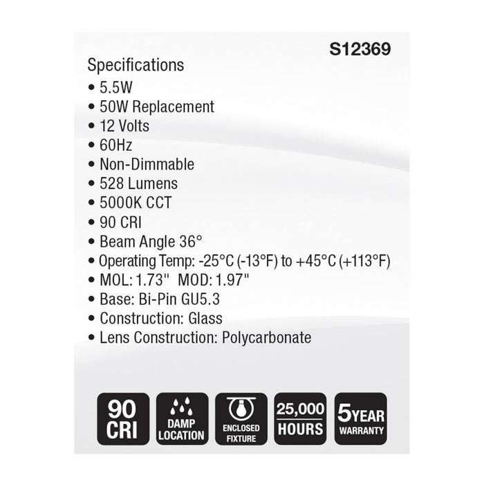 SATCO/NUVO 5.5W MR16 LED Floodlight 5000K GU5.3 Base 90 CRI 500Lm 12V (S12369)