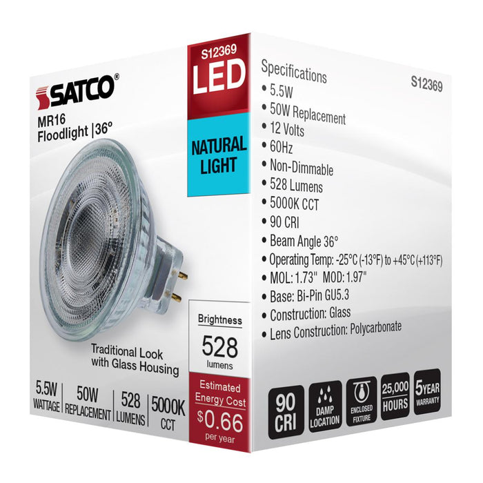 SATCO/NUVO 5.5W MR16 LED Floodlight 5000K GU5.3 Base 90 CRI 500Lm 12V (S12369)
