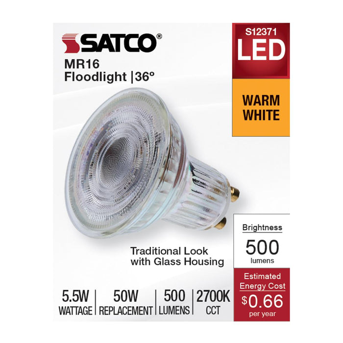 SATCO/NUVO 5.5W MR16 LED Floodlight 2700K GU10 Base 90 CRI 500Lm 120V (S12371)