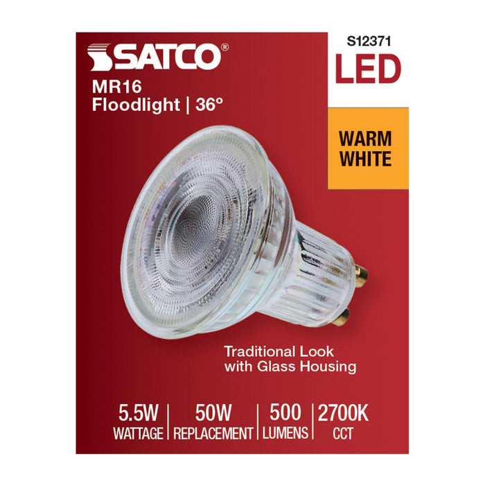 SATCO/NUVO 5.5W MR16 LED Floodlight 2700K GU10 Base 90 CRI 500Lm 120V (S12371)