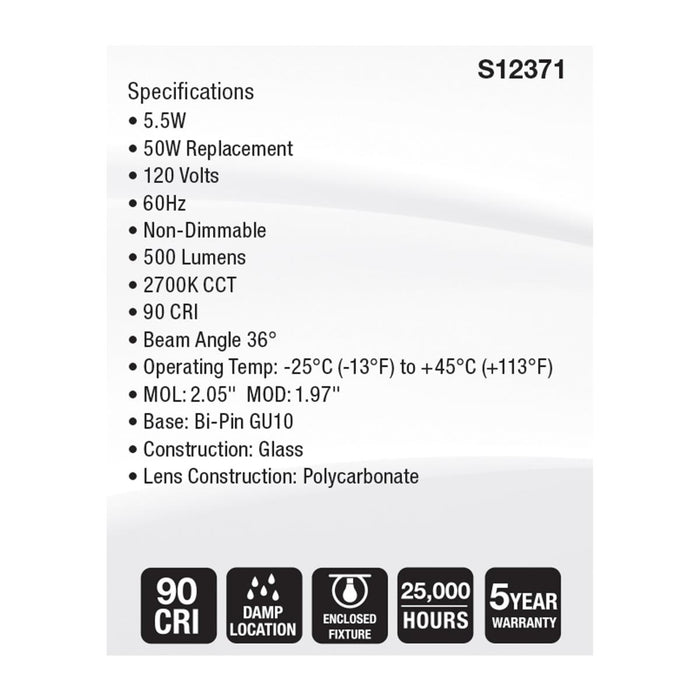 SATCO/NUVO 5.5W MR16 LED Floodlight 2700K GU10 Base 90 CRI 500Lm 120V (S12371)