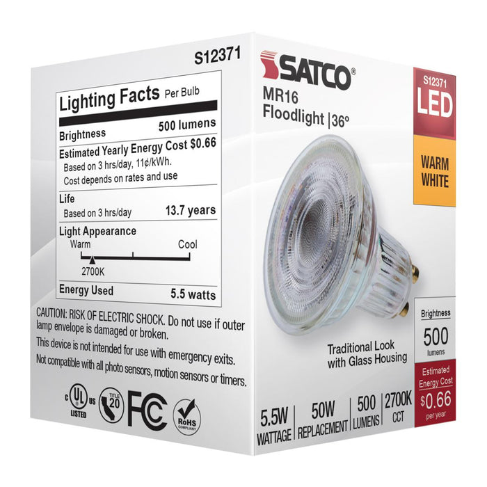 SATCO/NUVO 5.5W MR16 LED Floodlight 2700K GU10 Base 90 CRI 500Lm 120V (S12371)