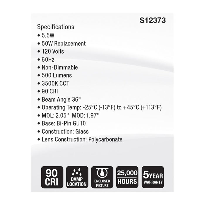 SATCO/NUVO 5.5W MR16 LED Floodlight 3500K GU10 Base 90 CRI 500Lm 120V (S12373)
